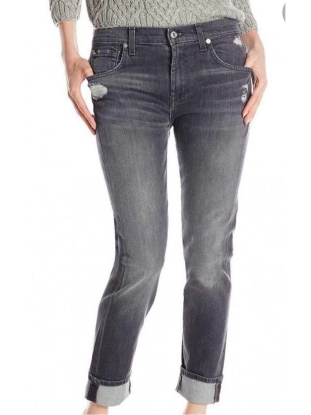 7 For All Mankind Grey Distressed Relaxed Skinny Jeans
